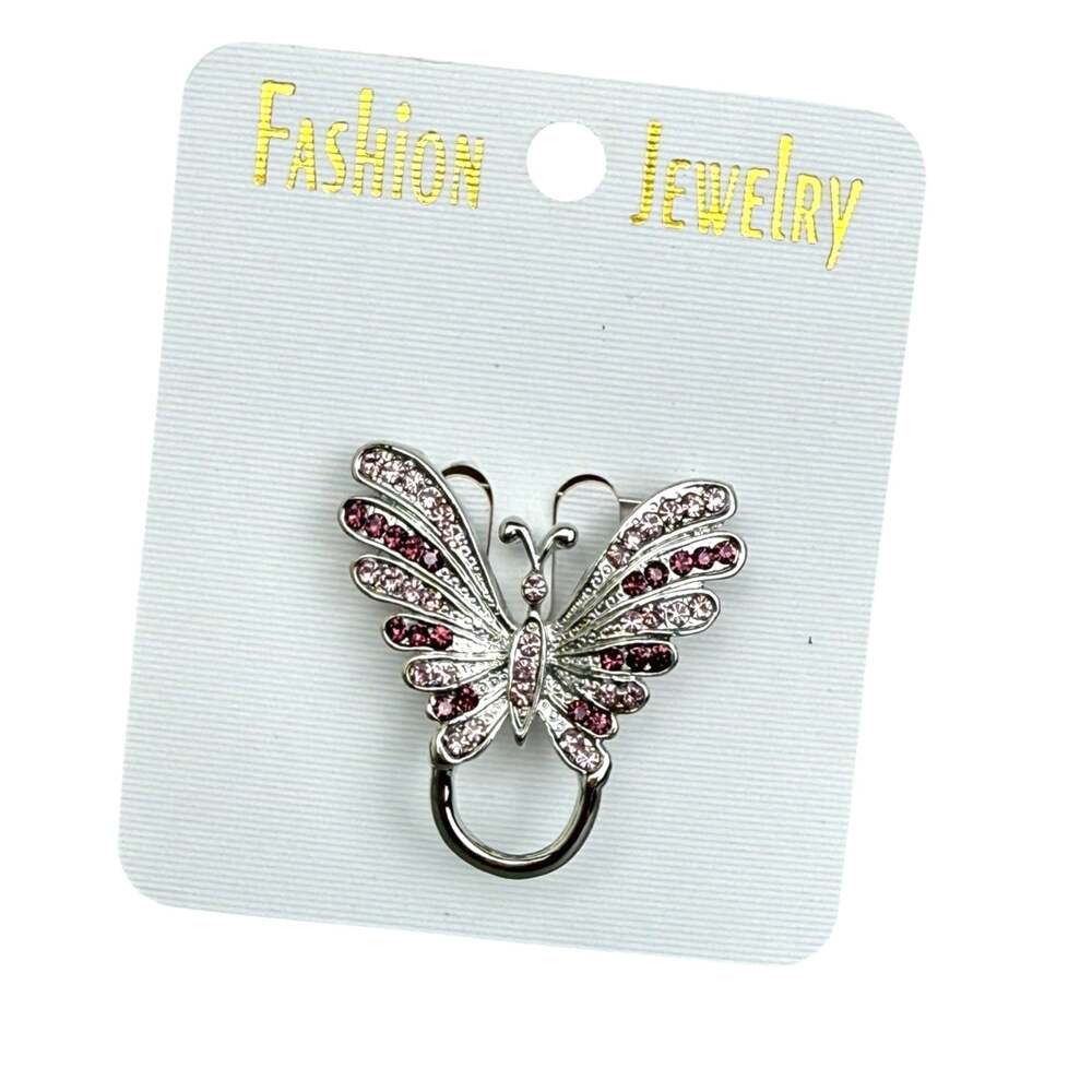 Silver Plated Purple Crystal Butterfly Eyeglass Holder Brooch NEW Vintage 90s
